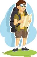 backpacker jongen lezen wandelkaart reisrichting cartoon tekenen vector