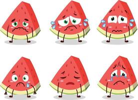 schuine streep van watermeloen tekenfilm karakter met verdrietig uitdrukking vector
