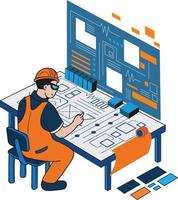 mannetje ingenieur toezien op bouw werk illustratie in tekening stijl vector