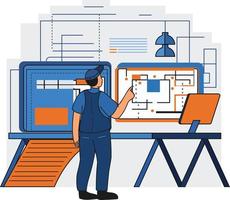 mannetje ingenieur toezien op bouw werk illustratie in tekening stijl vector