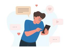 angst van missend uit fomo concept. Mens met telefoon omringd door sociaal media pictogrammen vector