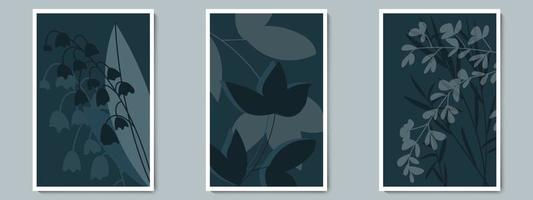 botanische donkere muur kunst vector poster set. minimalistisch schaduwgebladerte met nachtachtergrond.