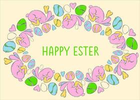 groet kaart mockup met decoratief kader met Pasen konijntjes en gekleurde eieren Aan geel achtergrond. voorjaar vakantie met een haas en een versierd ei. vector illustratie in vlak stijl.