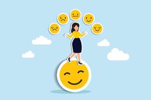 emotioneel intelligentie, controle gevoel of emotie, psychologie naar worden succes of balans van ongerustheid en geluk concept, vrolijk vrouw balans Aan glimlachen gezicht jongleren uitdrukking emotioneel gezichten vector