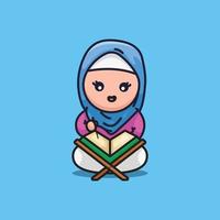 schattig meisje zittend en lezing al koran tekenfilm illustratie Moslim mensen religie vector