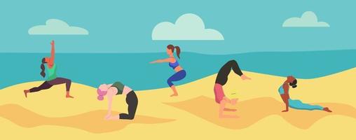vrouwen die yoga op het strand doen vector