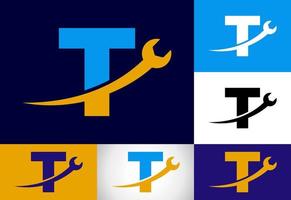 grafisch alfabet t met moersleutel. logo voor mechanisch, technologie, reparatie onderhoud , automotive bedrijf vector