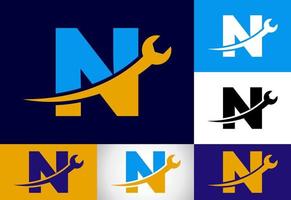 grafisch alfabet n met moersleutel. logo voor mechanisch, technologie, reparatie onderhoud , automotive bedrijf vector