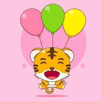 tekenfilm illustratie van schattig tijger drijvend met ballonnen vector