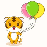 tekenfilm illustratie van schattig tijger Holding kleurrijk ballon vector