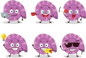 Purper clam tekenfilm karakter met divers types van bedrijf emoticons vector