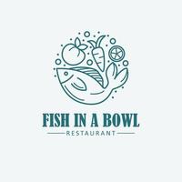 vis in een kom merk logo ontwerp. restaurant logo. vis en groenten logo sjabloon. vector