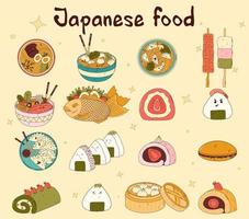 traditioneel Japans voedsel. Aziatisch yakitori spiesjes, ramen, knoedels, taiyaki, matcha taart rollen, shabu shabu, onigiri, wonton, daifuku. vector illistration