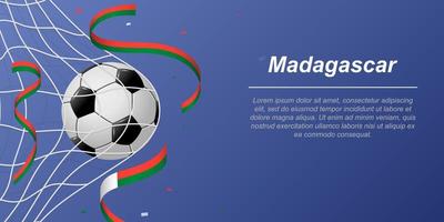 voetbal achtergrond met vliegend linten in kleuren van de vlag van Madagascar vector