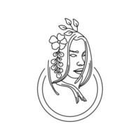 gemakkelijk lijn kunst deco vrouw versierd door bladeren vector illustratie. schoonheid vrouw elegant hand- getrokken voorjaar bloemen zwart icoon geïsoleerd Aan wit