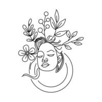 gemakkelijk lijn kunst deco vrouw versierd door bladeren vector illustratie. schoonheid vrouw elegant hand- getrokken voorjaar bloemen zwart icoon geïsoleerd Aan wit