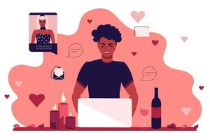 een jonge man zit achter een laptopmonitor en communiceert in een datingchat. een meisje en een man op een romantische date online. platte vectorillustratie vector