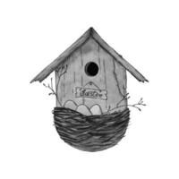 vogelhuisje schetsen waterverf gestileerde monochroom getrokken, nest met eieren, gelukkig Pasen. vector