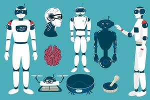 reeks van buitenaards wezen robots, toekomst technologie tekenfilm karakters. robot leven vormen, futuristische machines of cyborgs arbeiders met kunstmatig intelligentie, vector, vector