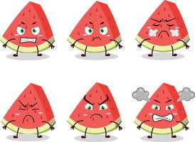 schuine streep van watermeloen tekenfilm karakter met divers boos uitdrukkingen vector