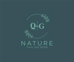 eerste qg brieven botanisch vrouwelijk logo sjabloon bloemen, bewerkbare premade monoline logo geschikt, luxe vrouwelijk bruiloft branding, zakelijk. vector