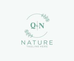 eerste qn brieven botanisch vrouwelijk logo sjabloon bloemen, bewerkbare premade monoline logo geschikt, luxe vrouwelijk bruiloft branding, zakelijk. vector