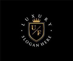 eerste uf brief Koninklijk luxe logo sjabloon in vector kunst voor restaurant, royalty, boetiek, cafe, hotel, heraldisch, sieraden, mode en andere vector illustratie.