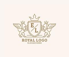 eerste el brief leeuw Koninklijk luxe heraldisch, wapen logo sjabloon in vector kunst voor restaurant, royalty, boetiek, cafe, hotel, heraldisch, sieraden, mode en andere vector illustratie.