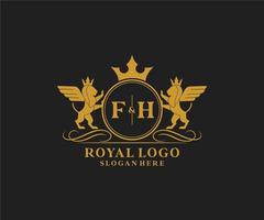 eerste fh brief leeuw Koninklijk luxe heraldisch, wapen logo sjabloon in vector kunst voor restaurant, royalty, boetiek, cafe, hotel, heraldisch, sieraden, mode en andere vector illustratie.