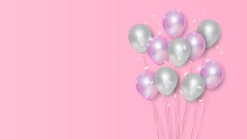 roze en witte kleuren met realistische vliegende heliumballons, viering, festivalachtergrond, groetbanner, kaart, affiche, vectorillustratie vector