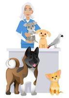 vrouw dierenarts met honden Bij medisch teller vector