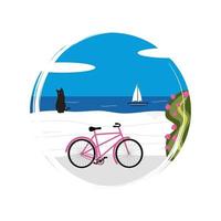 schattig logo of icoon vector met zonnig dag Grieks landschap tafereel met zwart kat, fiets en zee, illustratie Aan cirkel met borstel textuur, voor sociaal media verhaal en hoogtepunt