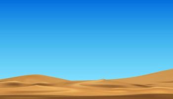 zand strand met blauw lucht door de zee, woestijn landschap met gouden zand duinen onder Doorzichtig lucht, natuur woestijn in heet zonnig dag, vector horizon panoramisch concept voor reizen Aan lente zomer achtergrond