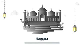 mooi Ramadan kareem groet kaart ontwerp, Ramadan kareem groet met moskee en schoonschrift belettering achtergrond. vector