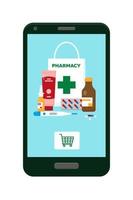 online apotheek concept. geneesmiddel Aan mobiel telefoon. vector illustratie.