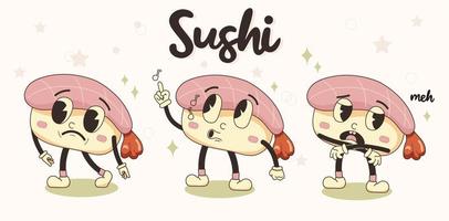 sushi reeks illustratie in retro tekenfilm stijl, sushi belettering. verschillend sushi mascotte tekens vector