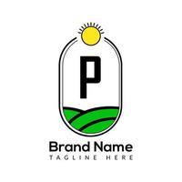 landbouw sjabloon Aan p brief. bouwland logo, agro boerderij, eco boerderij logo ontwerp met zon icoon concept vector