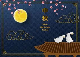 gelukkig midden herfst festival of maan festival, aziatisch elementen met wit konijnen op zoek Bij vol maan Aan blauw achtergrond, Chinees vertalen gemeen midden herfst festival vector