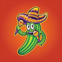 grappig cactus Mexicaans sombrero hoed maracas logo tekenfilm illustraties vector