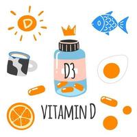 vitamine d. pot met pillen, zon, vis, melk, oranje, ei. vlak tekenfilm vector illustratie