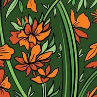 groen botanisch fabriek met oranje bloemen patroon vector achtergrond illustratie geïsoleerd Aan plein sjabloon. gemakkelijk vlak tekenfilm geschetst behang tekening voor sjaal en papier textiel prints poster.