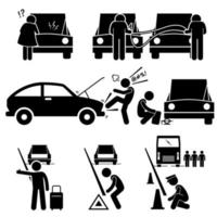 vaststelling van een autopech pech reparatie langs de weg stok figuur pictogram pictogrammen. vector