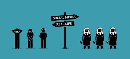 het verschil tussen menselijk gedrag in het echte leven en sociale media. vector
