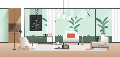 ruim modern leven kamer interieur met groot ramen. huis interieur in vlak ontwerp vector