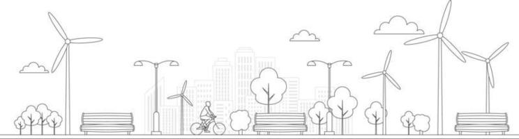fiets in een park met bank en recycle bak. lijn pictogrammen. gezond duurzame levensstijl concept. recreatie en ontspanning in de stad. zwart schets Aan wit achtergrond. vector illustratie, klem kunst.