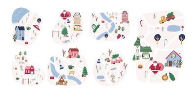 schattig winter kaart set, hand- getrokken stad of stad- - tekenfilm vlak vector illustratie geïsoleerd Aan wit achtergrond. kinderachtig kaarten met wegen, huizen, bomen en Kerstmis decoraties.