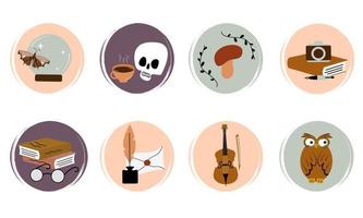 vector reeks van logo ontwerp Sjablonen, pictogrammen en badges voor sociaal media hoogtepunt met schattig donker academia verzameling elementen