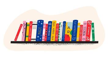 een plank met helder boeken, leerboeken en tijdschriften. illustratie voor bibliotheek, boekhandel, lezing vector