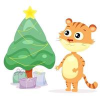 een schattig tijger staat in de buurt een versierd Kerstmis boom vector