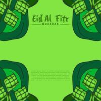 gelukkig eid al-fitr groet ontwerp in hand- getrokken stijl, versierd met ketupat kaders vector